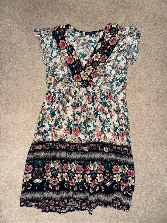 Kojooin Dresses & Skirts - Floral V-Neck Mini Dress in Teal, Pink & Black